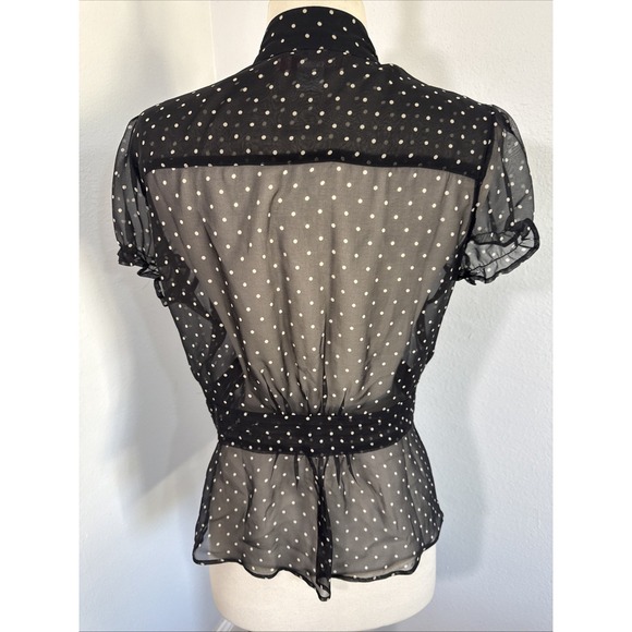 Vtg Lux Top Womens S Black Silk Polka Dot Sheer Bow Tie Romantic Coquette Retro - Picture 4 of 12